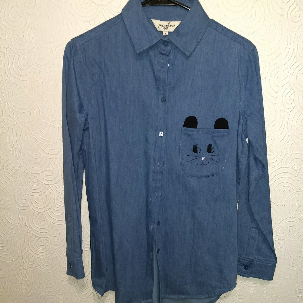 Blue Button Down Shirt with Cat Pocket